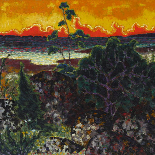 Virolaistaiteilija Konrad Mäen Maastik punase pilvega -teps, jossa edessä tummanvihertäviä kasveja ja matalaa kasvullisuutta, yläkulmassa vesiraja ja ylhäällä aivan punertava, kuin tulessa oleva taivas.